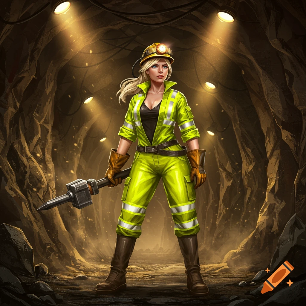 Blonde woman miner in a yellow high-visibility suit and helmet, holding a rock bolt in a glowing mine tunnel, illustration.
