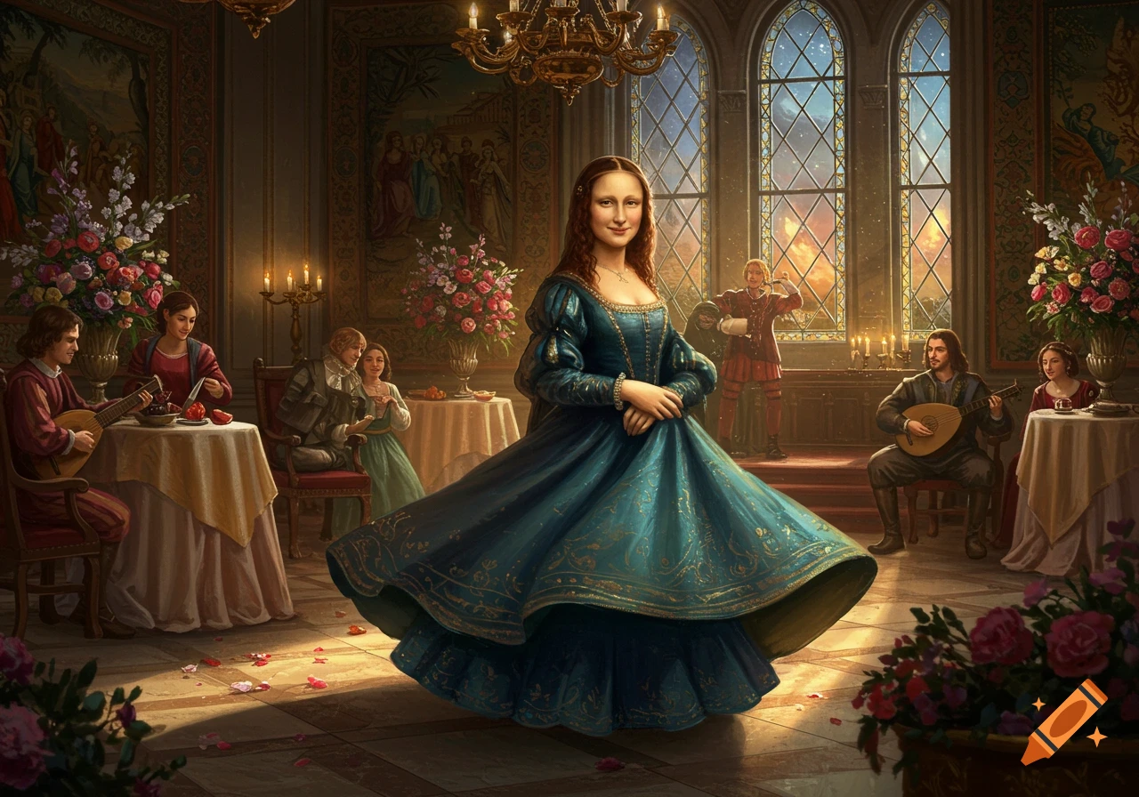 Mona Lisa in a teal gown, with a slight smile, dancing in an ornate Renaissance hall with musicians and guests.