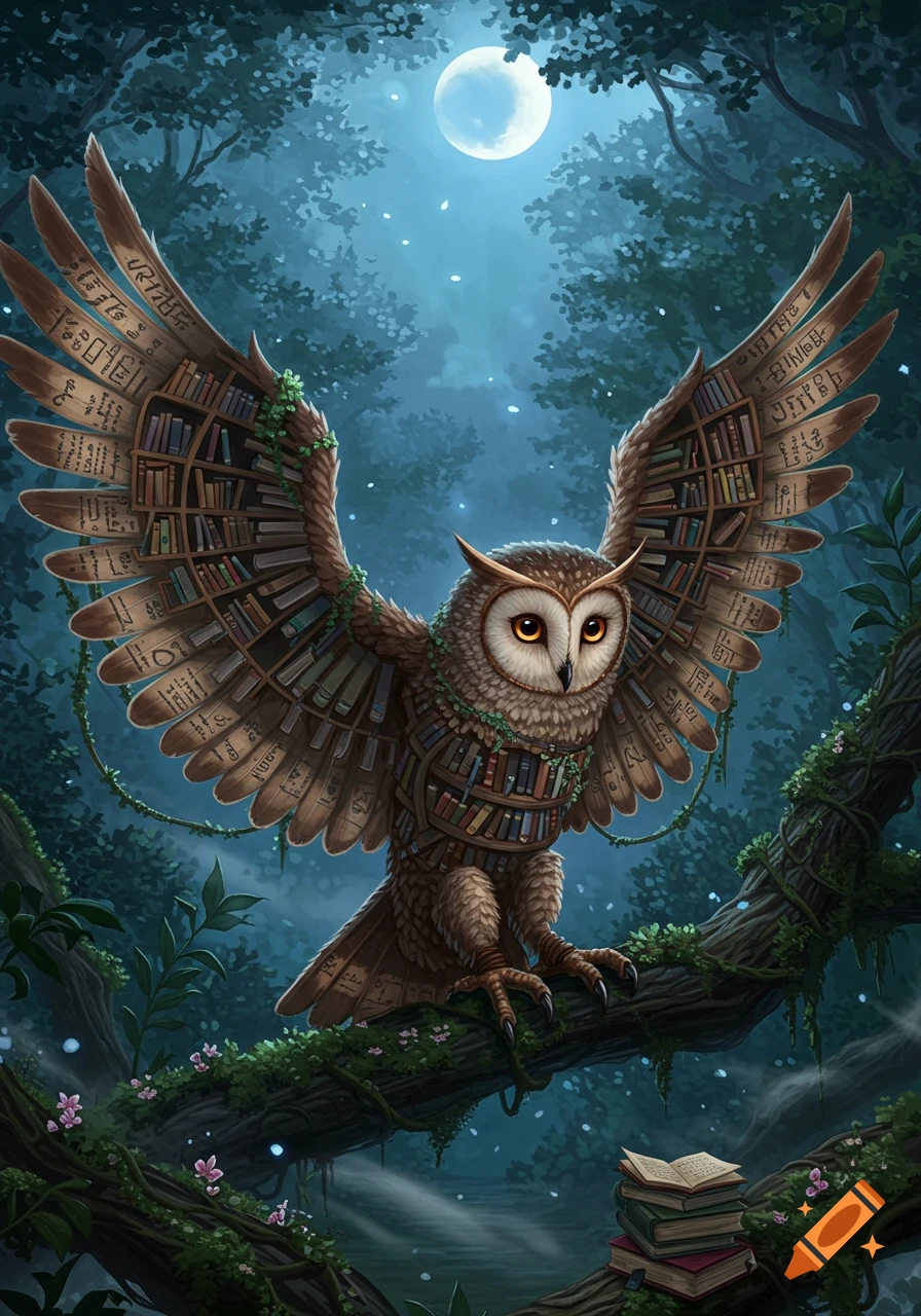 A majestic fantasy owl with wings and body made of bookshelves, perches on a mossy branch under a full moon in a magical forest. Digital art.