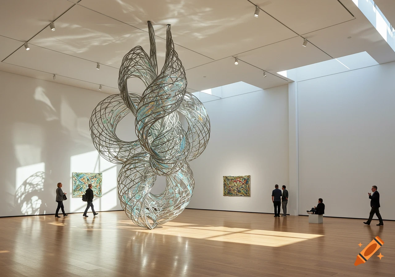 Large, intricate metal sculpture in a modern art gallery with people, wooden floors, white walls, and bright skylights.