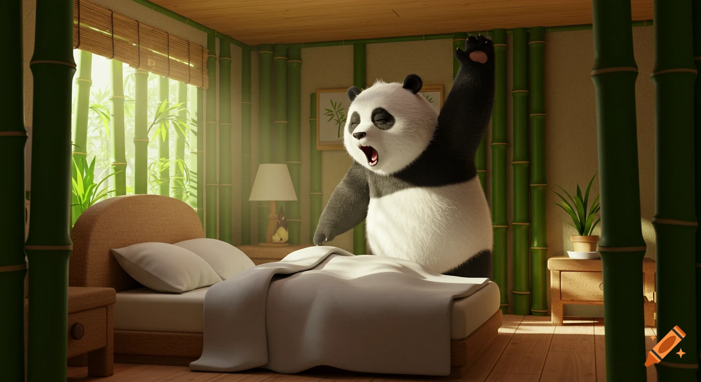 An animated panda yawns and stretches, just waking up in a cozy bamboo-themed bedroom with soft lighting.