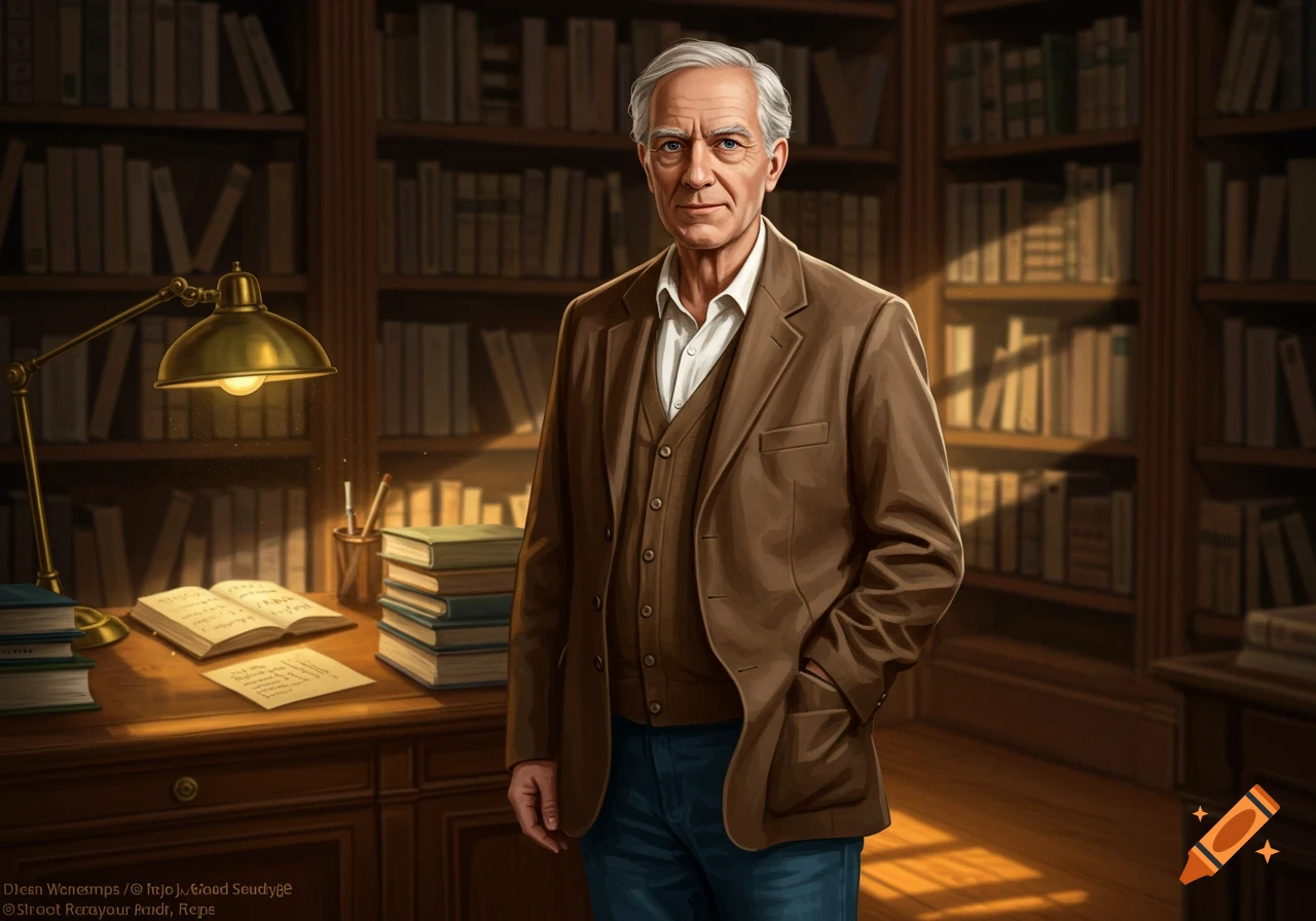 An older man with gray hair in a brown jacket stands in a dimly lit library with a desk and open books.