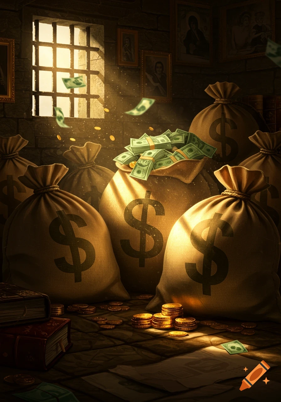 Illuminated room with numerous dollar-stamped money bags, scattered gold coins, and stacks of cash on the floor, lit by sunlight through a barred window.