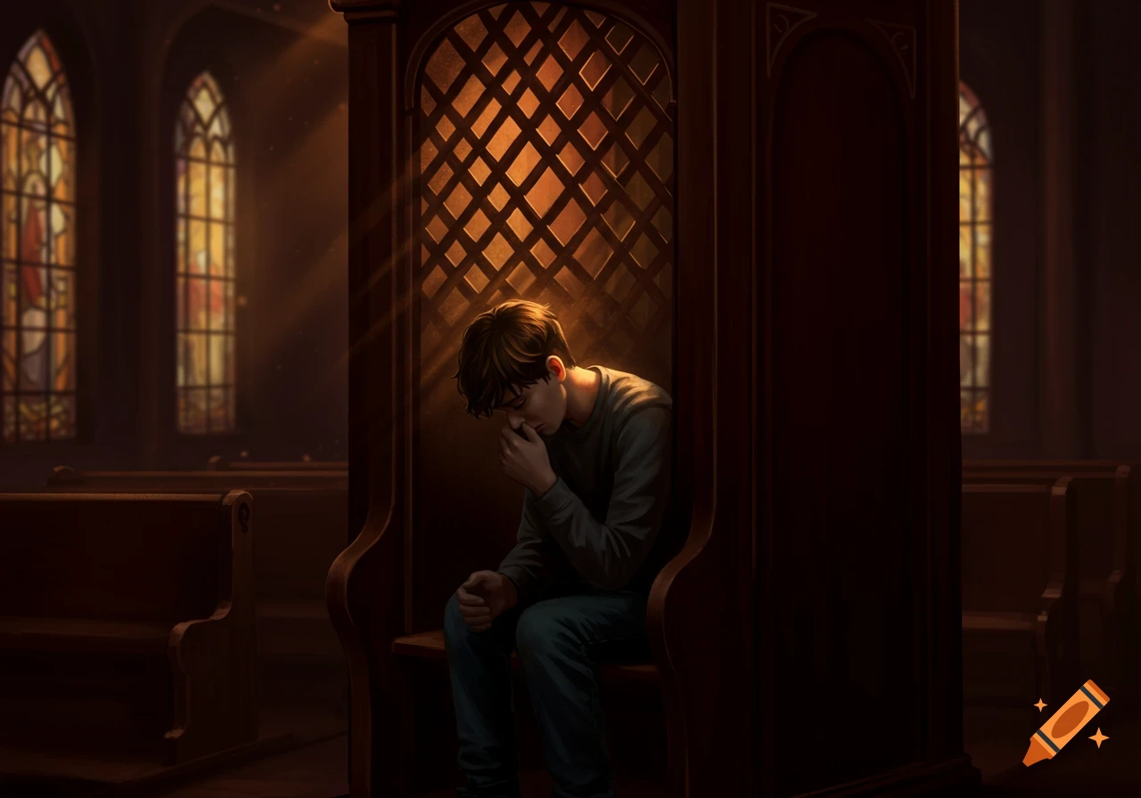 A somber teen boy sits in a dimly lit confessional booth, bathed in sunlight filtering through a lattice and stained-glass windows.