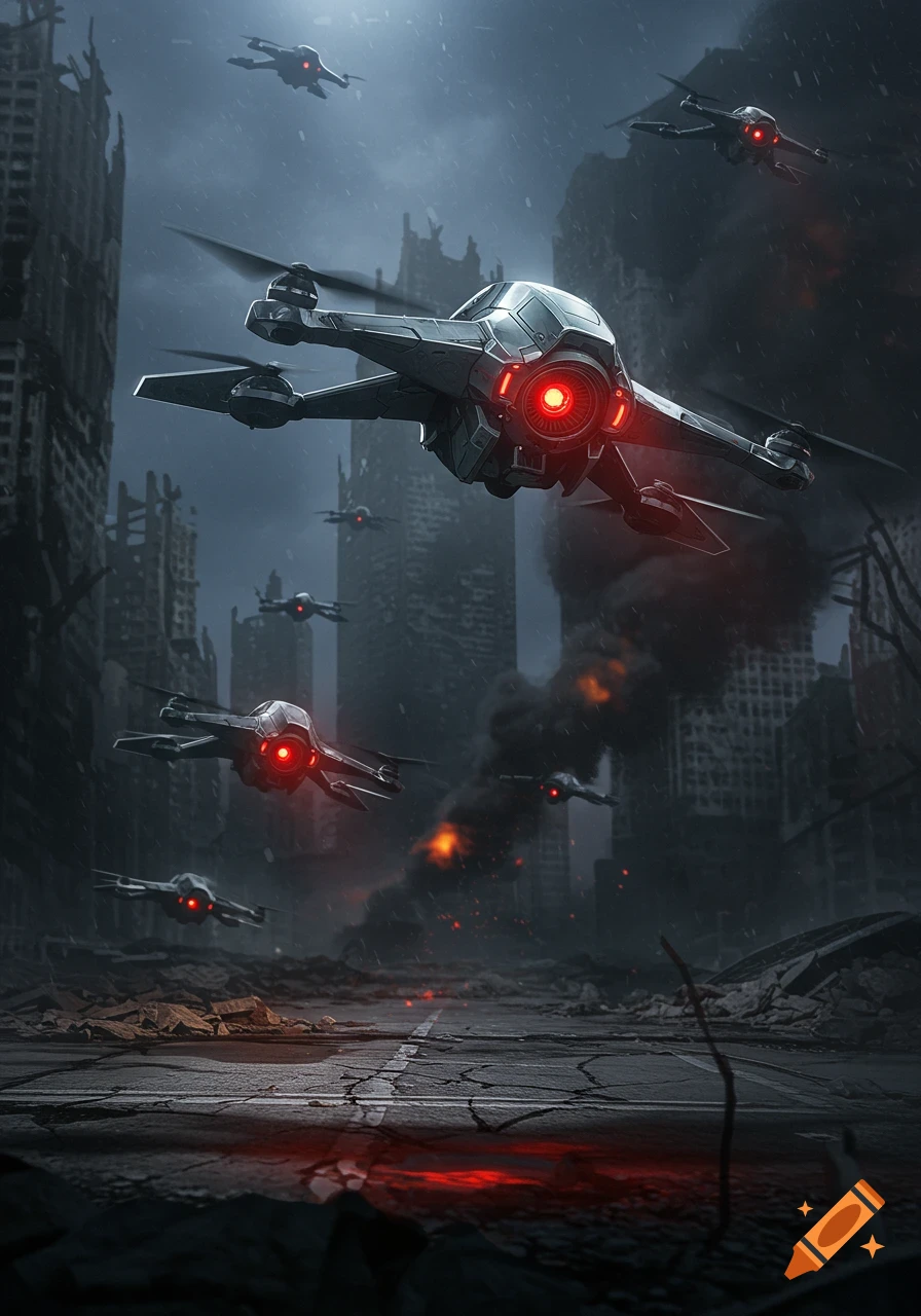 Futuristic drones with glowing red eyes fly over a destroyed city in a dark, stormy, post-apocalyptic scene.