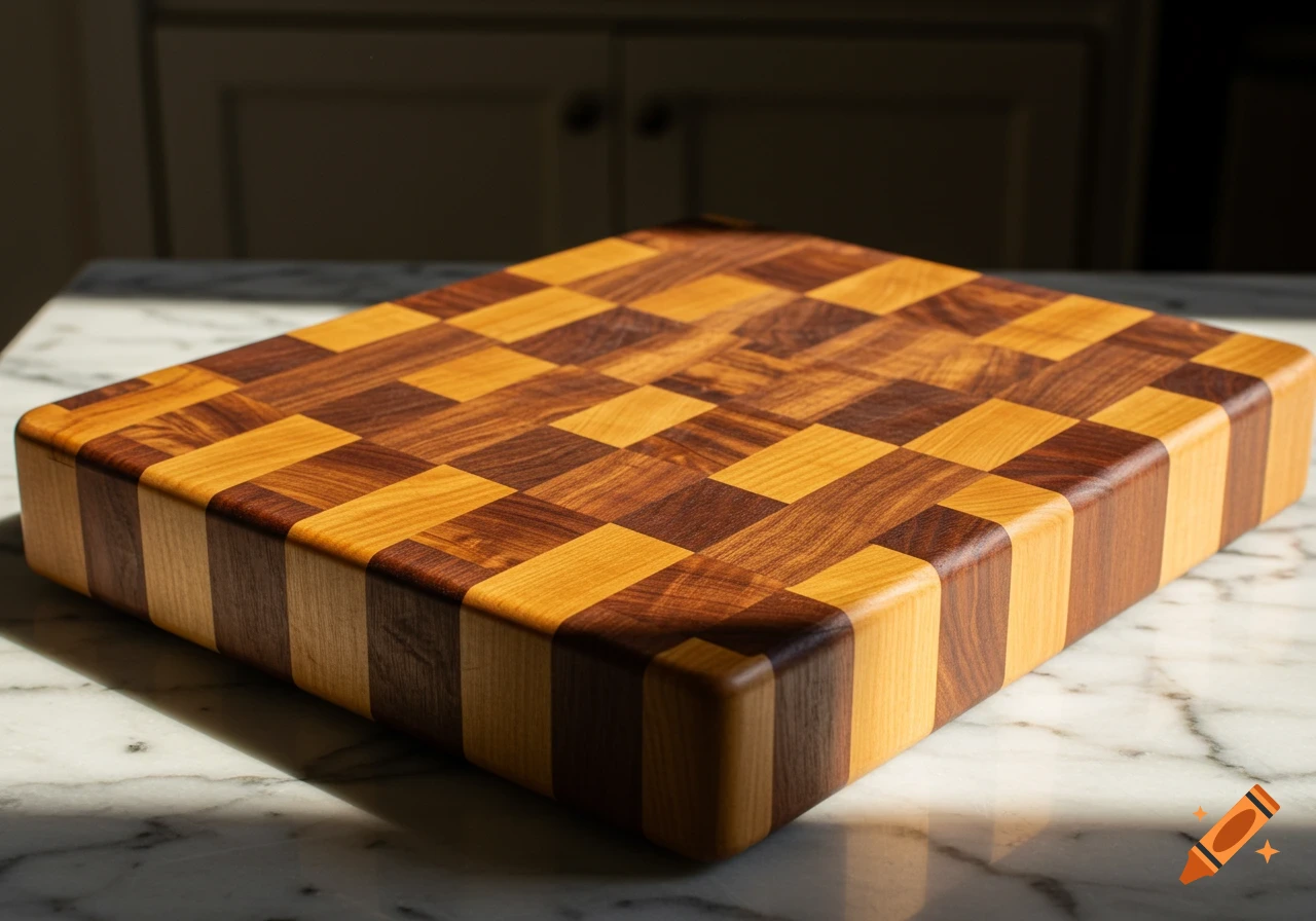 A close-up, high-angle view of a thick wooden cutting board with a checkerboard pattern of light and dark wood, sitting on a marbled countertop.