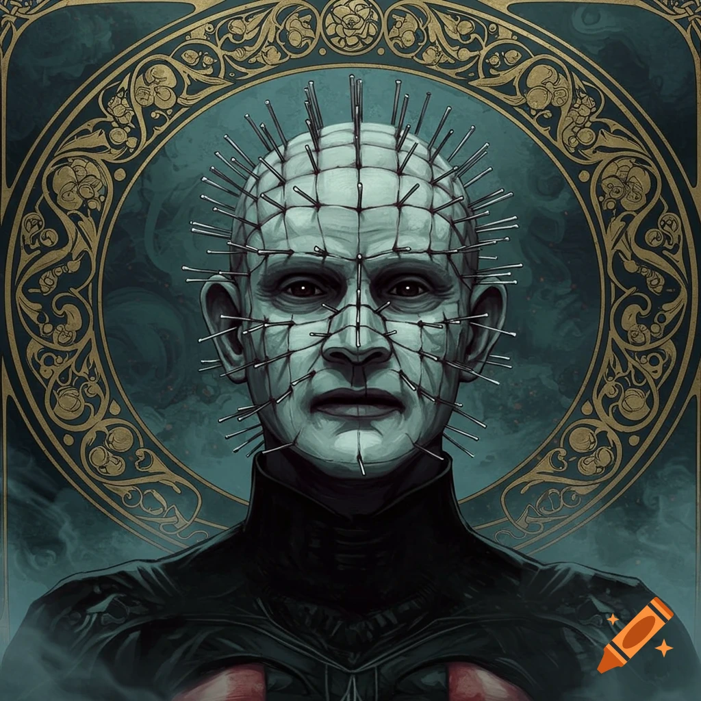 Stylized portrait of Pinhead from Hellraiser, featuring his head covered in pins and a grid, against an intricate gold art nouveau background.