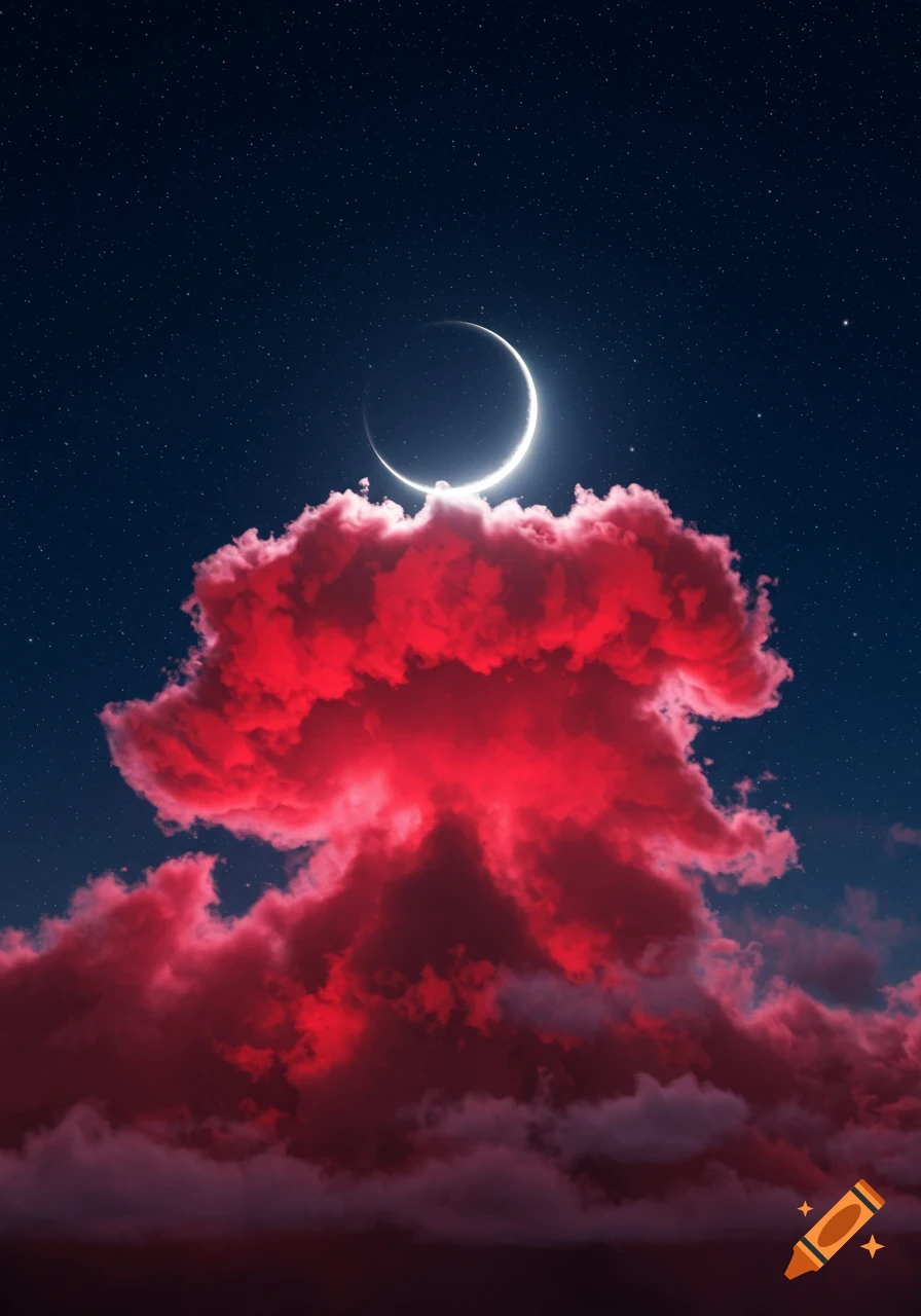 A brilliant crescent moon shines in a dark, starry night sky above a large, dramatic red cloud formation.
