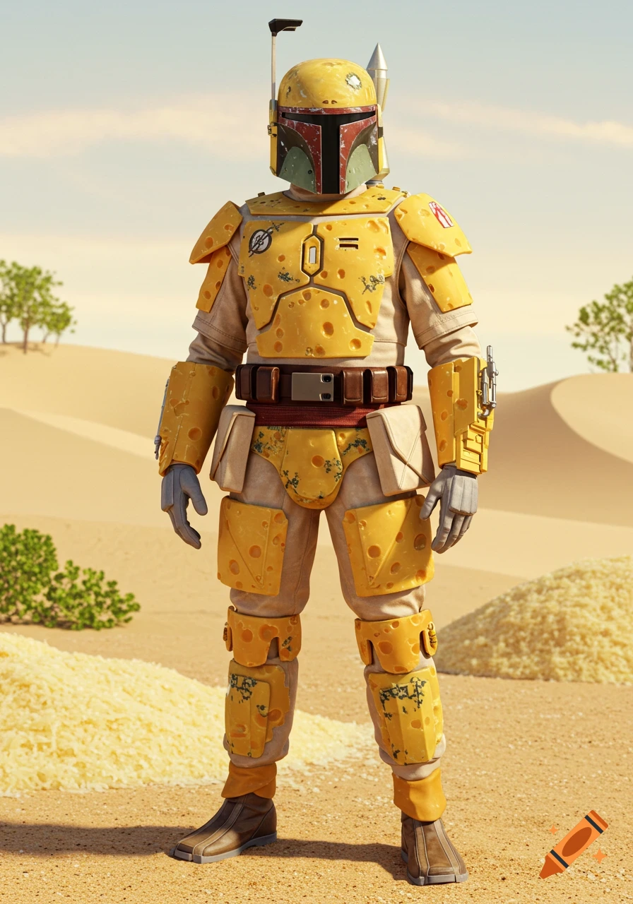 A full-body photorealistic image of Boba Fett wearing armor made entirely of Swiss cheese, standing in a sandy desert with sparse vegetation.