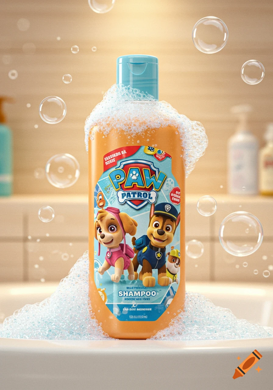 An orange Paw Patrol shampoo bottle with Chase and Skye on the label, covered in white soap suds and surrounded by bubbles in a bathroom setting.