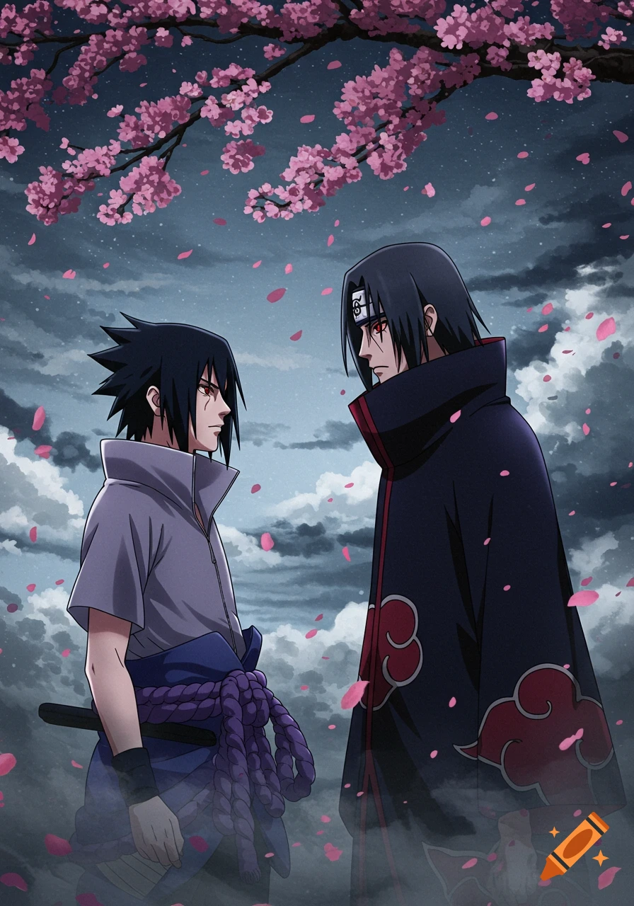 Anime brothers Sasuke and Itachi face each other under a cherry blossom tree with falling pink petals and a cloudy sky.