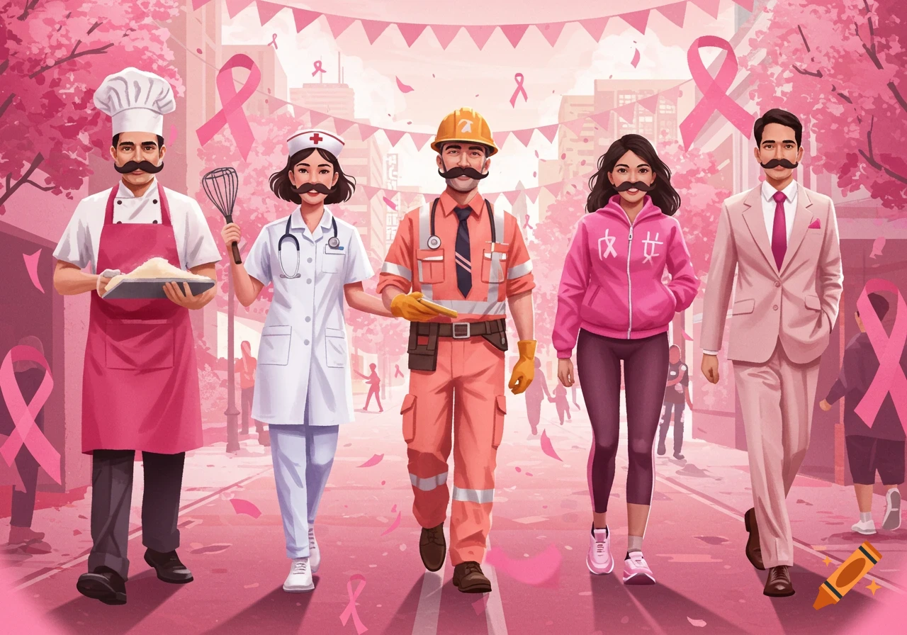 Illustration of diverse professionals in pink, wearing mustaches, walking in a street decorated with pink ribbons for Breast Cancer Awareness.