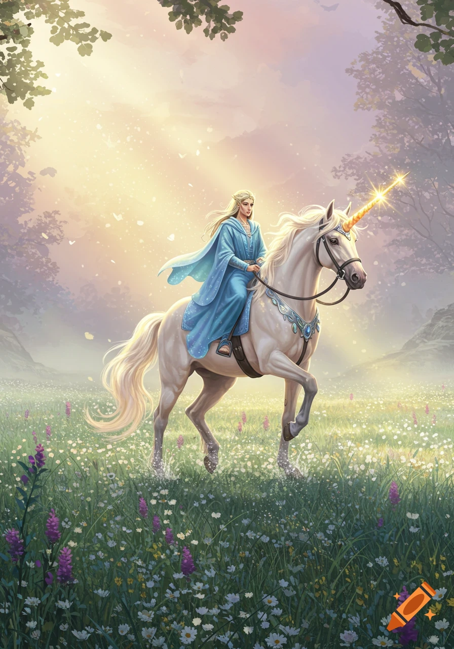 A blonde elf-like woman in a blue robe rides a majestic white unicorn with a glowing golden horn through a vibrant flower meadow in a sunlit forest.