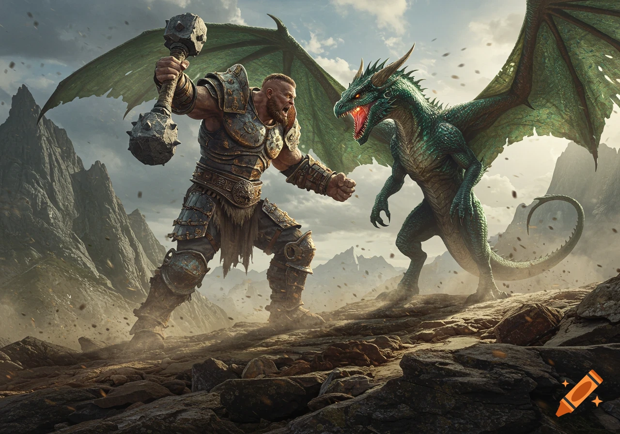 A muscular, armored giant with a mace battles a green dragon with glowing red eyes on a rocky mountain landscape.