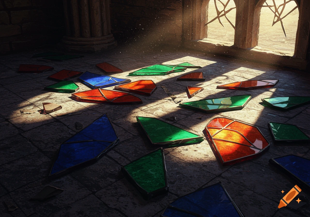 Colorful broken stained glass pieces lie scattered on a stone floor, illuminated by sunbeams streaming through an old window.