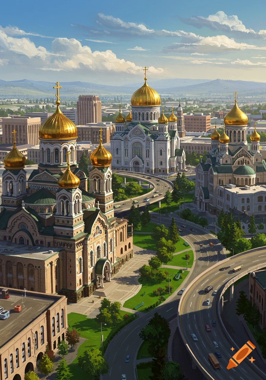 Aerial view of a neoclassical city with ornate Byzantine-style churches, golden domes, freeways, and green spaces under a blue sky.