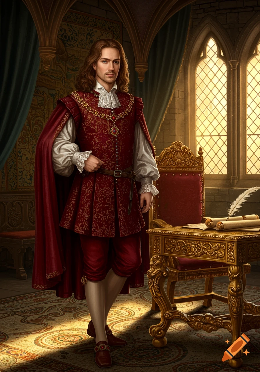 A man with long brown hair in a red and gold regal outfit, white ...