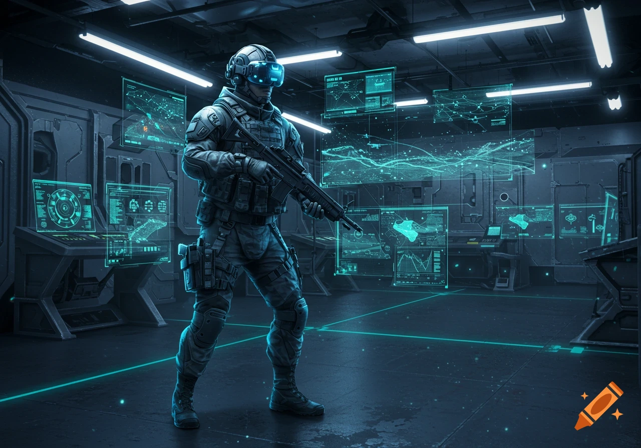A futuristic soldier in tactical gear and VR headset stands with a rifle in a dark room filled with glowing holographic displays.