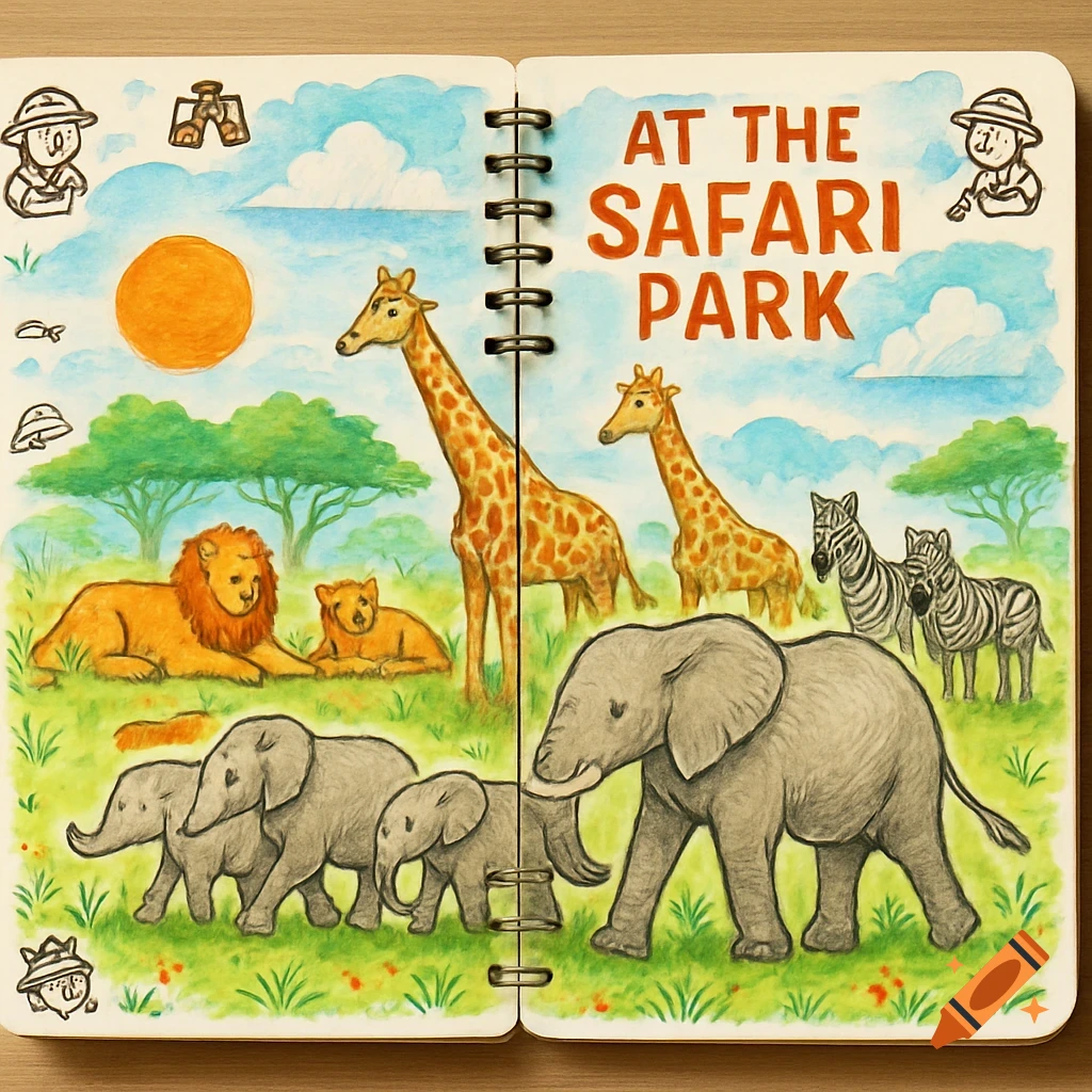 A colorful watercolor illustration in a notebook titled "AT THE SAFARI PARK" depicts lions, giraffes, zebras, and elephants.