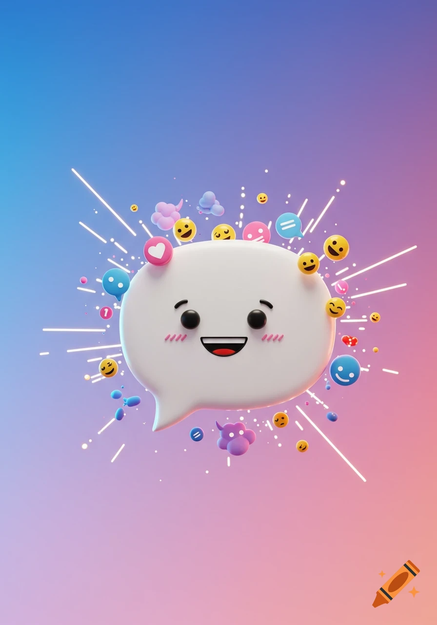 A cute 3D white chat bubble character with a smiling face, surrounded by colorful emojis and glowing light trails on a blue and pink gradient background.
