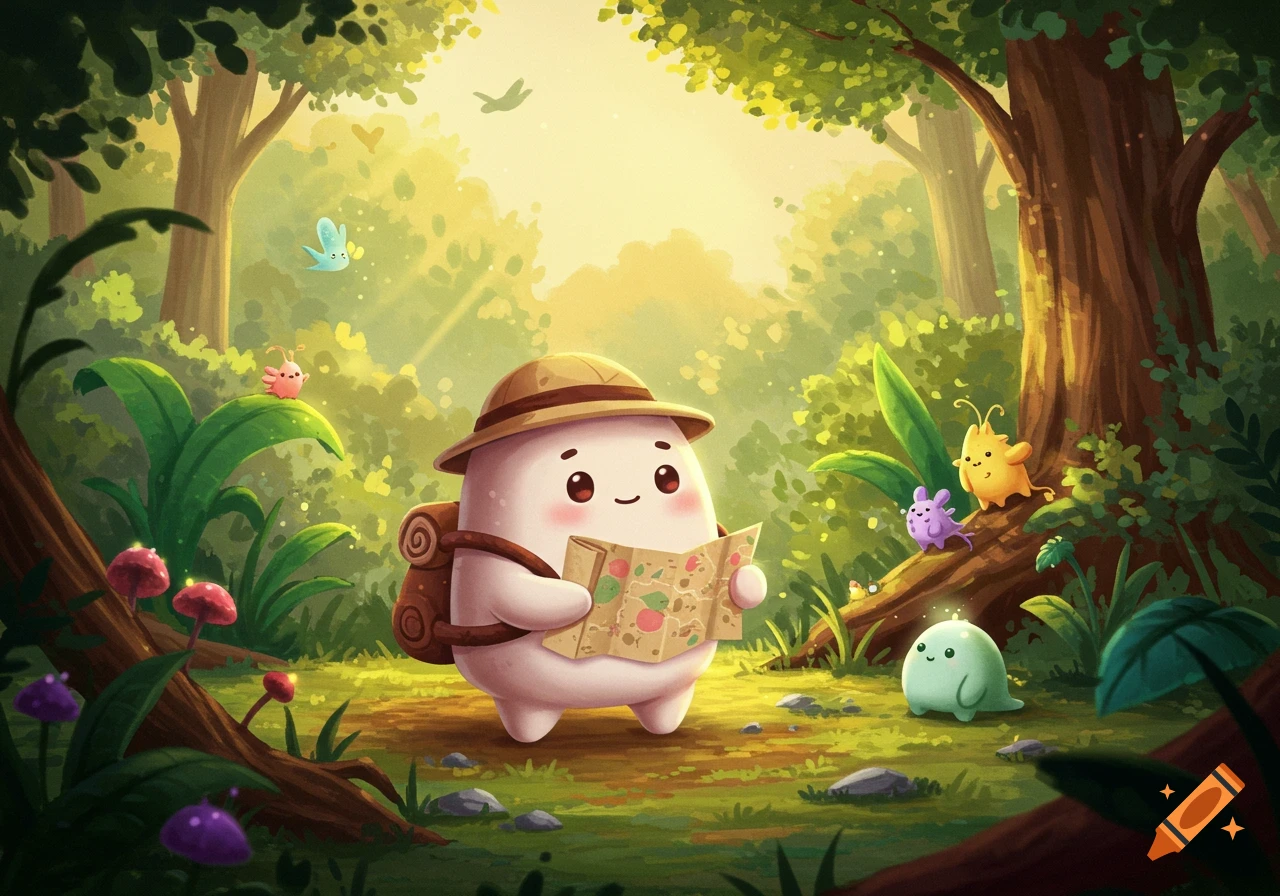 A cute marshmallow explorer with a backpack and hat reads a map in a sunlit fantasy forest, surrounded by small, colorful creatures and mushrooms.