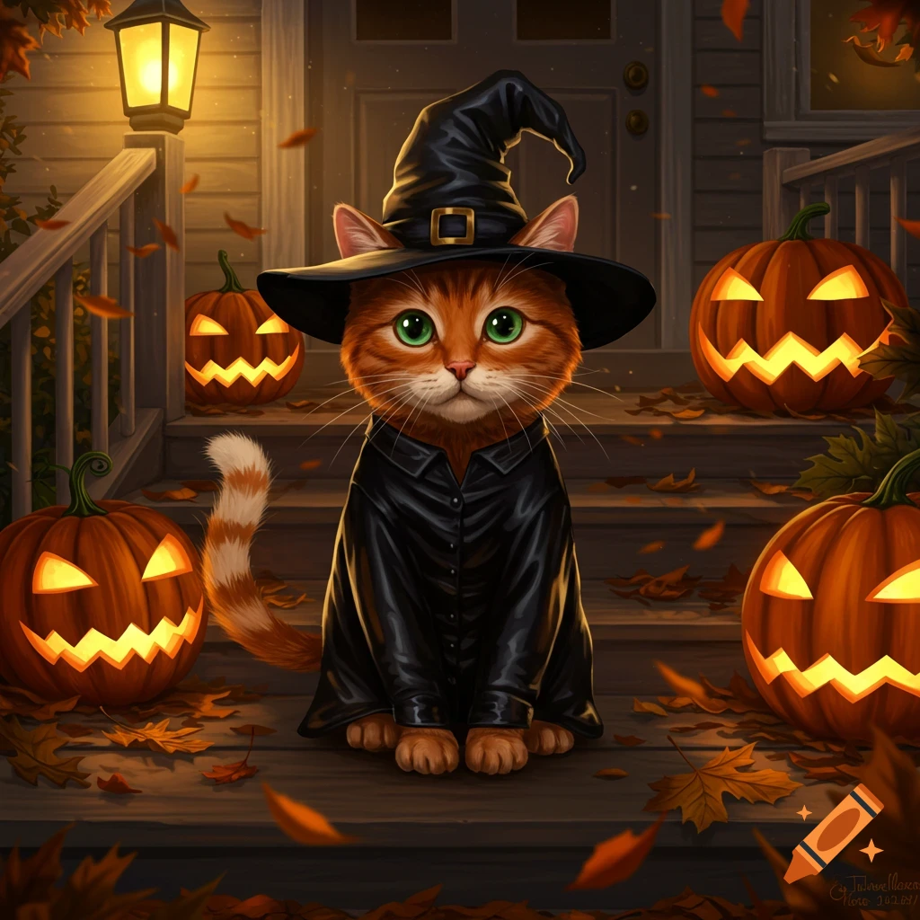 A cute orange cat wearing a witch hat and coat sits on wooden steps ...