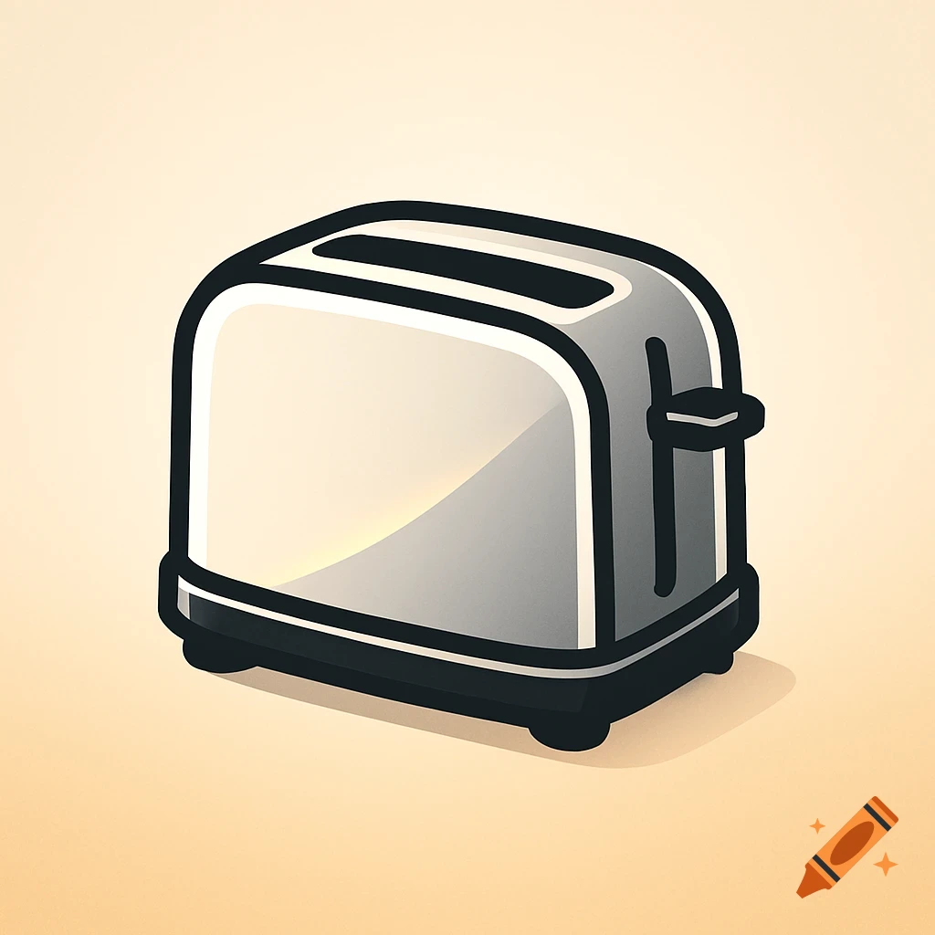 A stylized cartoon illustration of a silver toaster with black trim on a light background.