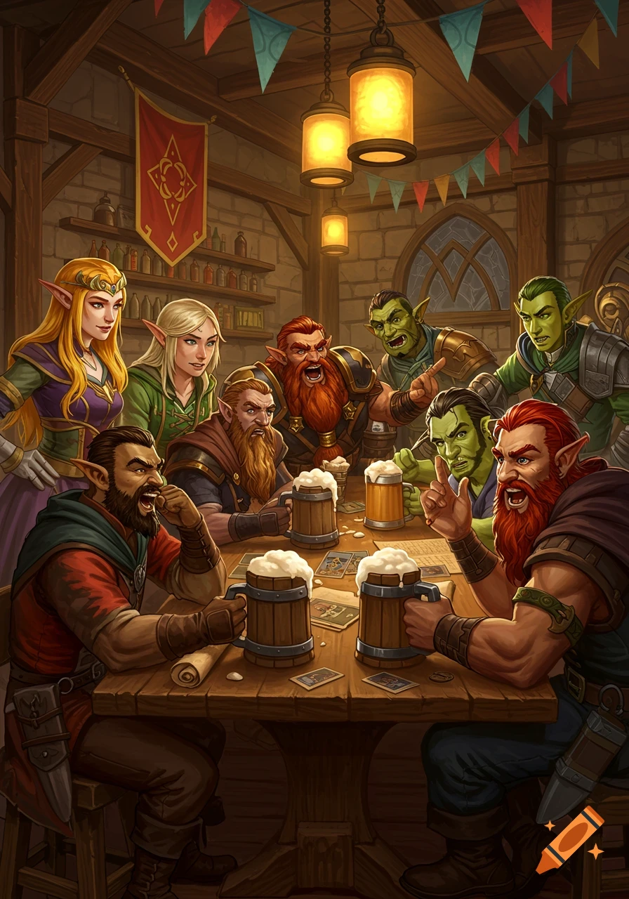 A diverse group of fantasy characters, including elves, dwarves, and goblins/orcs, gathered around a wooden table in a dimly lit tavern, drinking beer and looking at cards, in a vibrant digital art style.