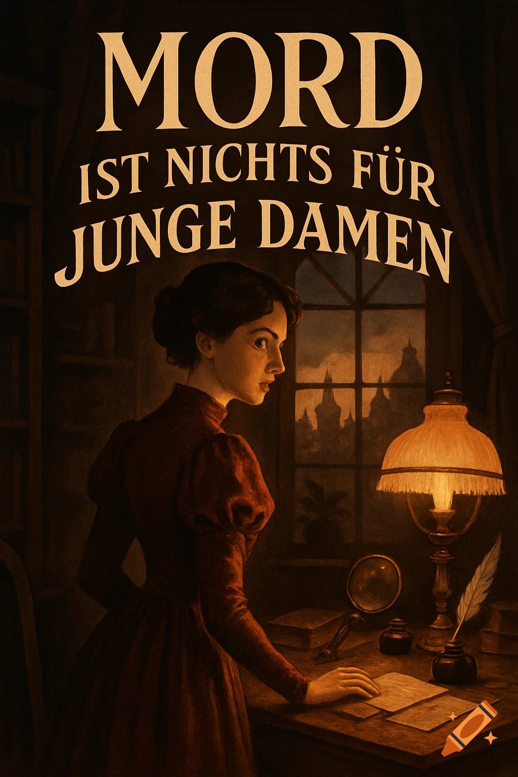 Vintage book cover illustration of a woman in a dark room with a lamp and writing desk, text 'MORD IST NICHTS FÜR JUNGE DAMEN'.
