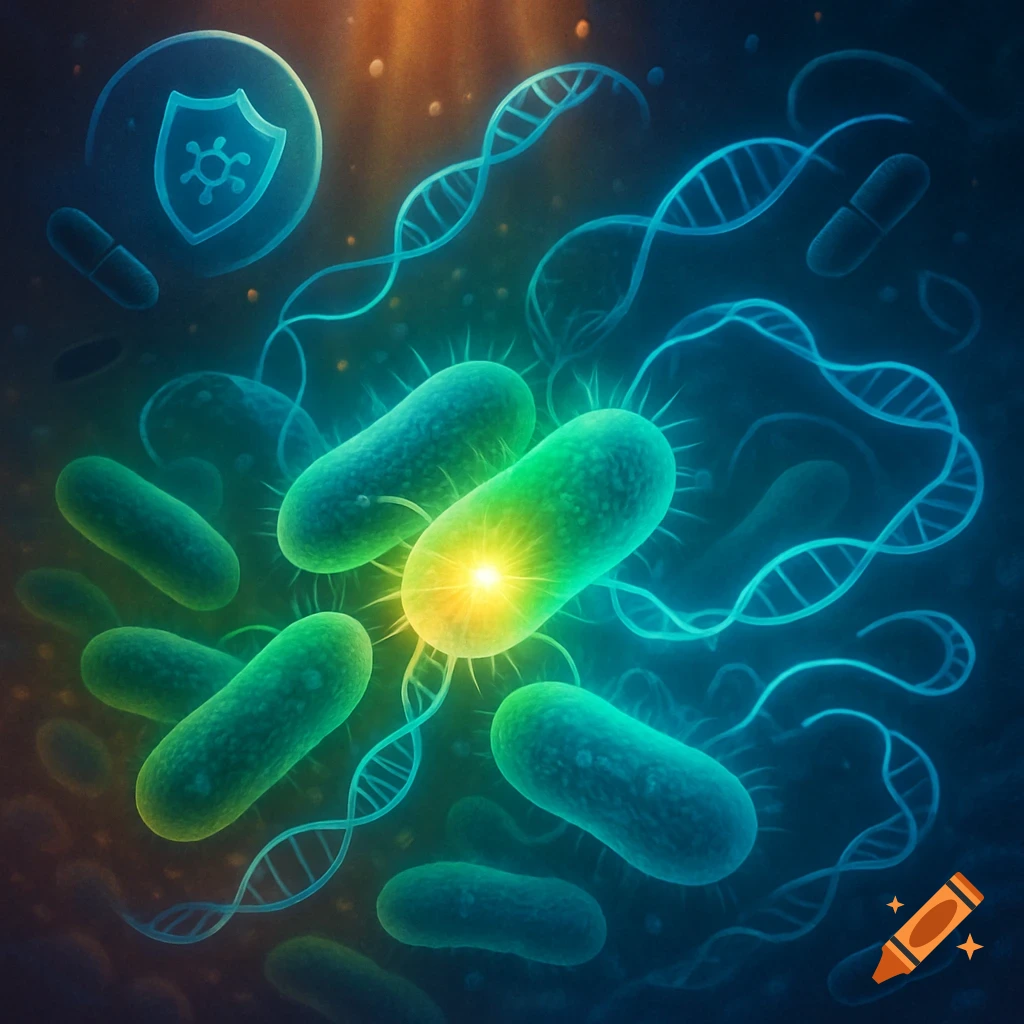 Illustration of green bacteria, DNA strands, and abstract medical symbols glowing in a dark blue background.