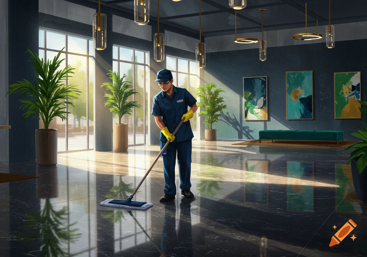 A cleaning person in blue uniform and yellow gloves mops a shiny floor in a sunny, modern lobby with plants and abstract art.