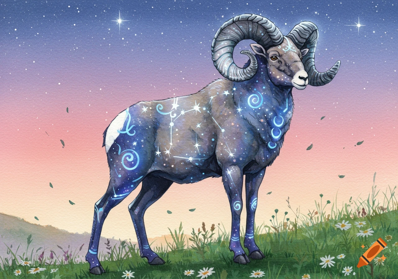 Watercolor of an astrological ram with glowing constellations and swirls on its body, standing on a grassy hill under a starry twilight sky.