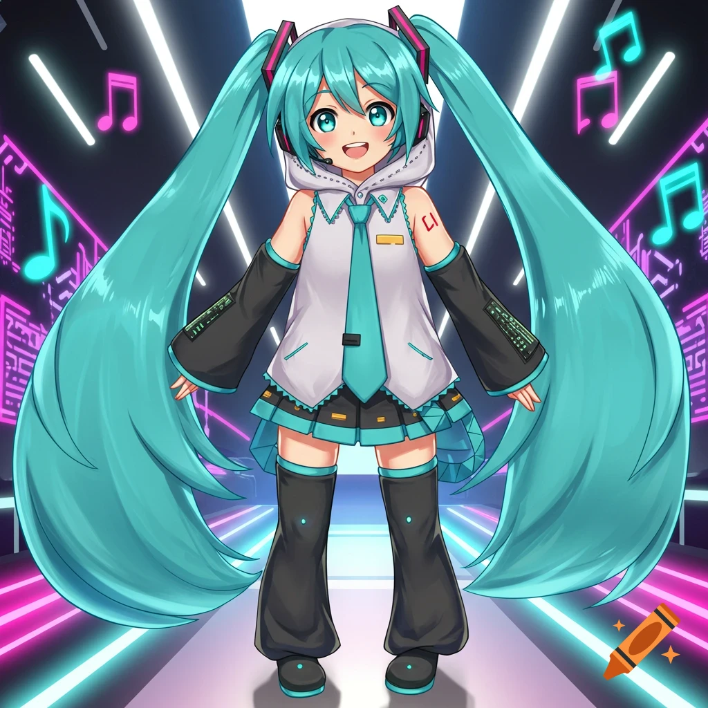 Anime character resembling Hatsune Miku with long turquoise pigtails, wearing a white hoodie and black skirt, standing on a neon stage.