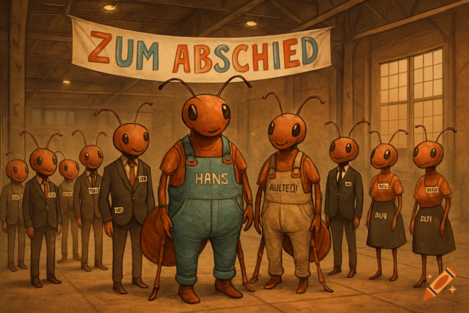 An illustration of anthropomorphic ants in a warehouse, some in suits, others in overalls or blouses and skirts, standing under a banner that reads "ZUM ABSCHIED".
