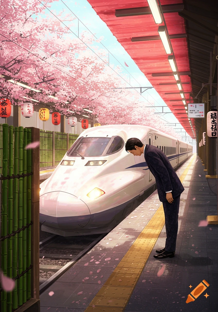A man in a suit bows to a white bullet train at a cherry blossom-filled Japanese train station with lanterns. Illustration style.