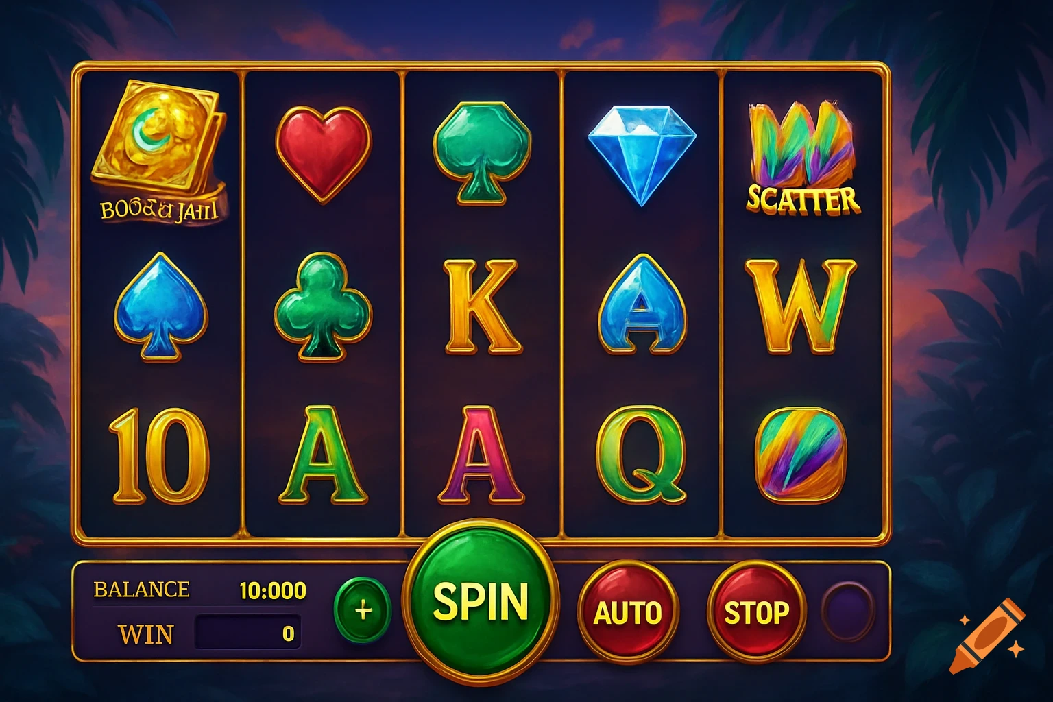 A detailed slot machine interface with various symbols, 'Spin' button, and 'Balance' and 'Win' displays, set against a jungle background.