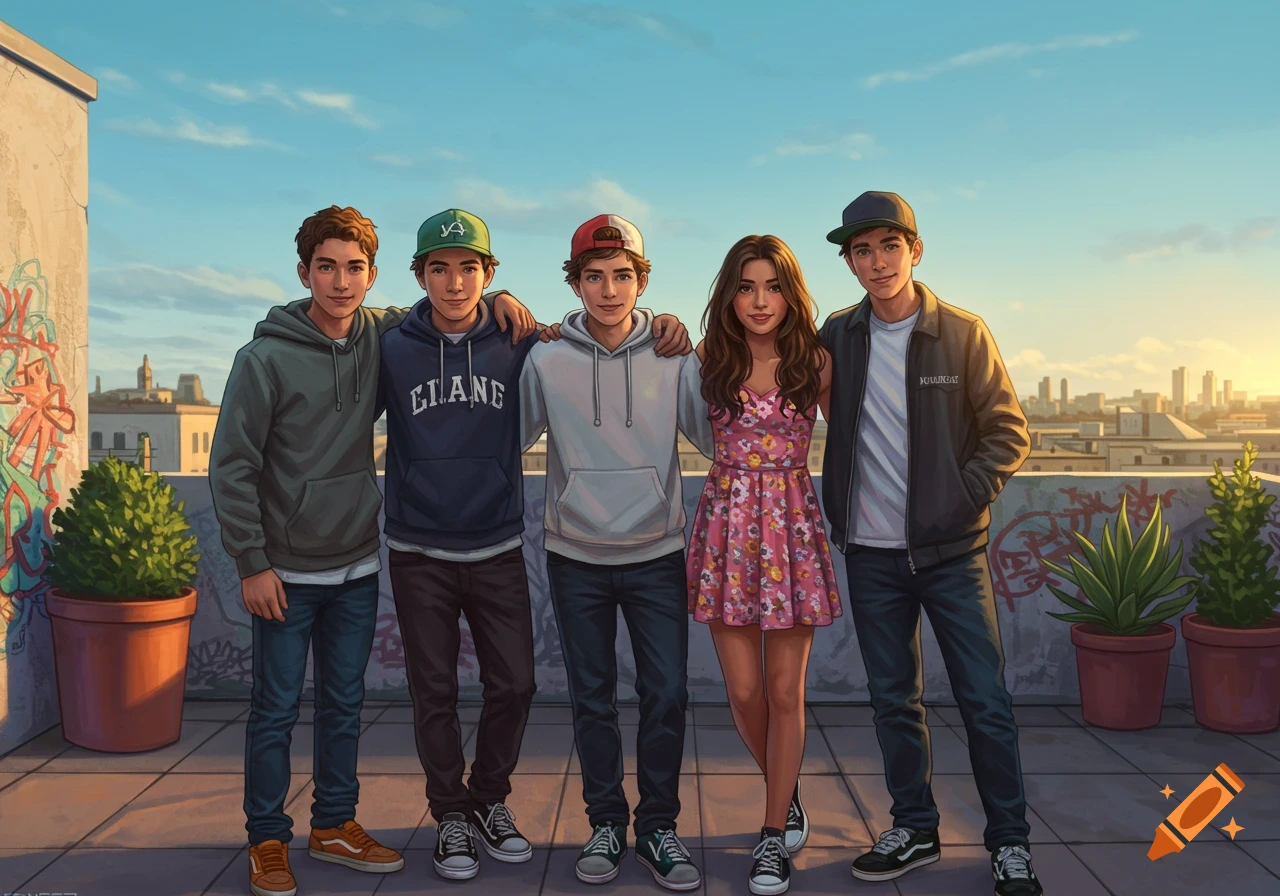 Digital art illustration of five diverse teenagers, four boys and one girl, posing together on a city rooftop at sunset.