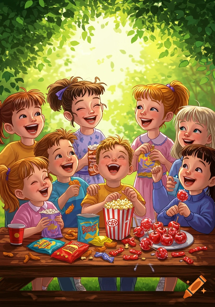 A cartoon illustration of several diverse, happy children laughing and eating snacks at a wooden picnic table under green trees.