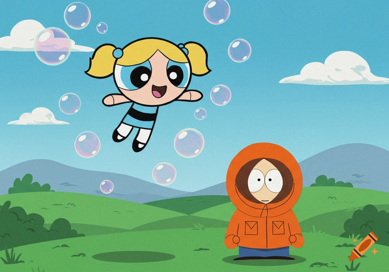 Bubbles from Powerpuff Girls floats among bubbles above Kenny from South Park, who stands on green hills under a blue sky, in a cartoon style.