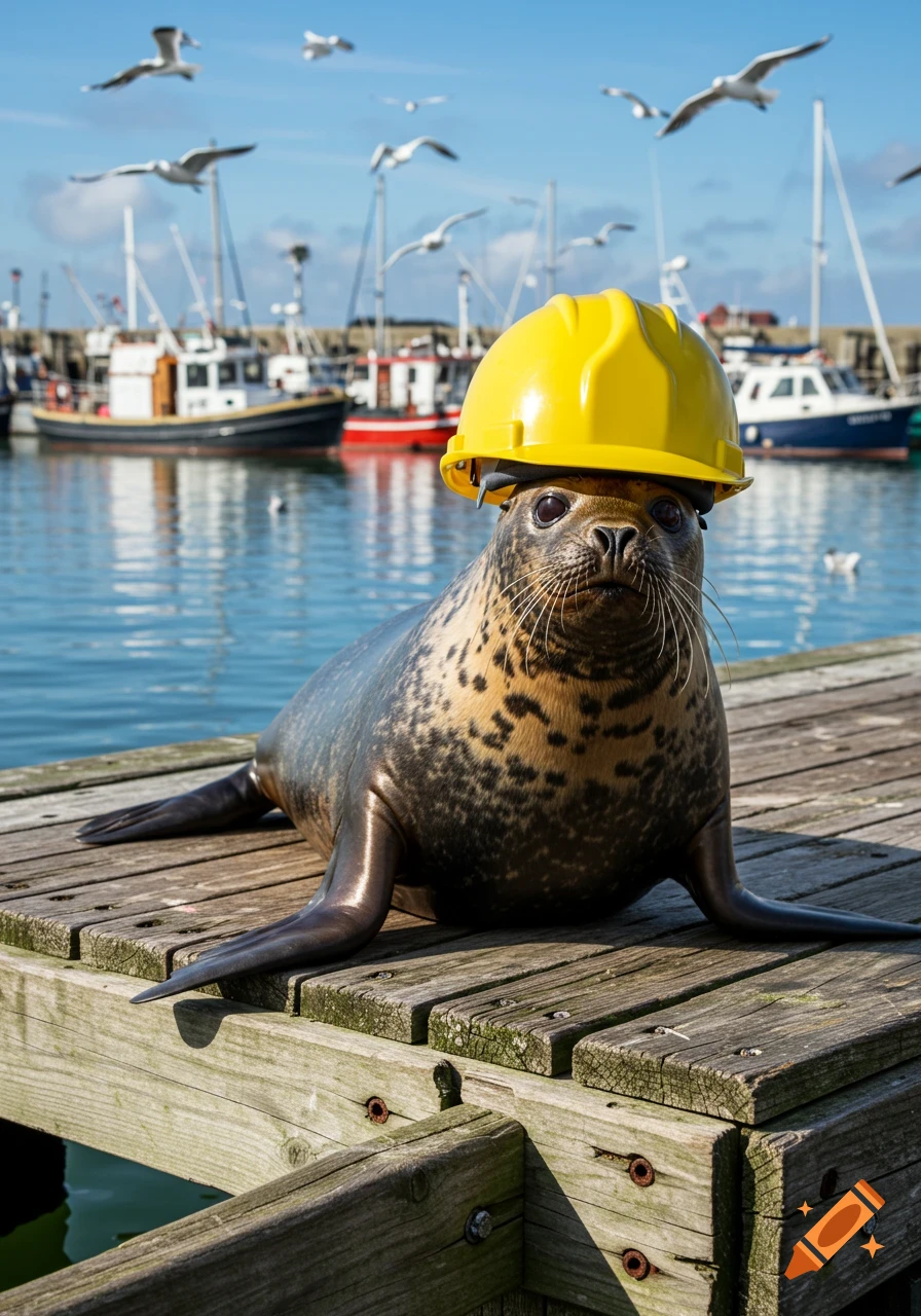 A photorealistic harbor seal wearing a yellow construction helmet rests on a wooden dock. Boats and seagulls are in the background.