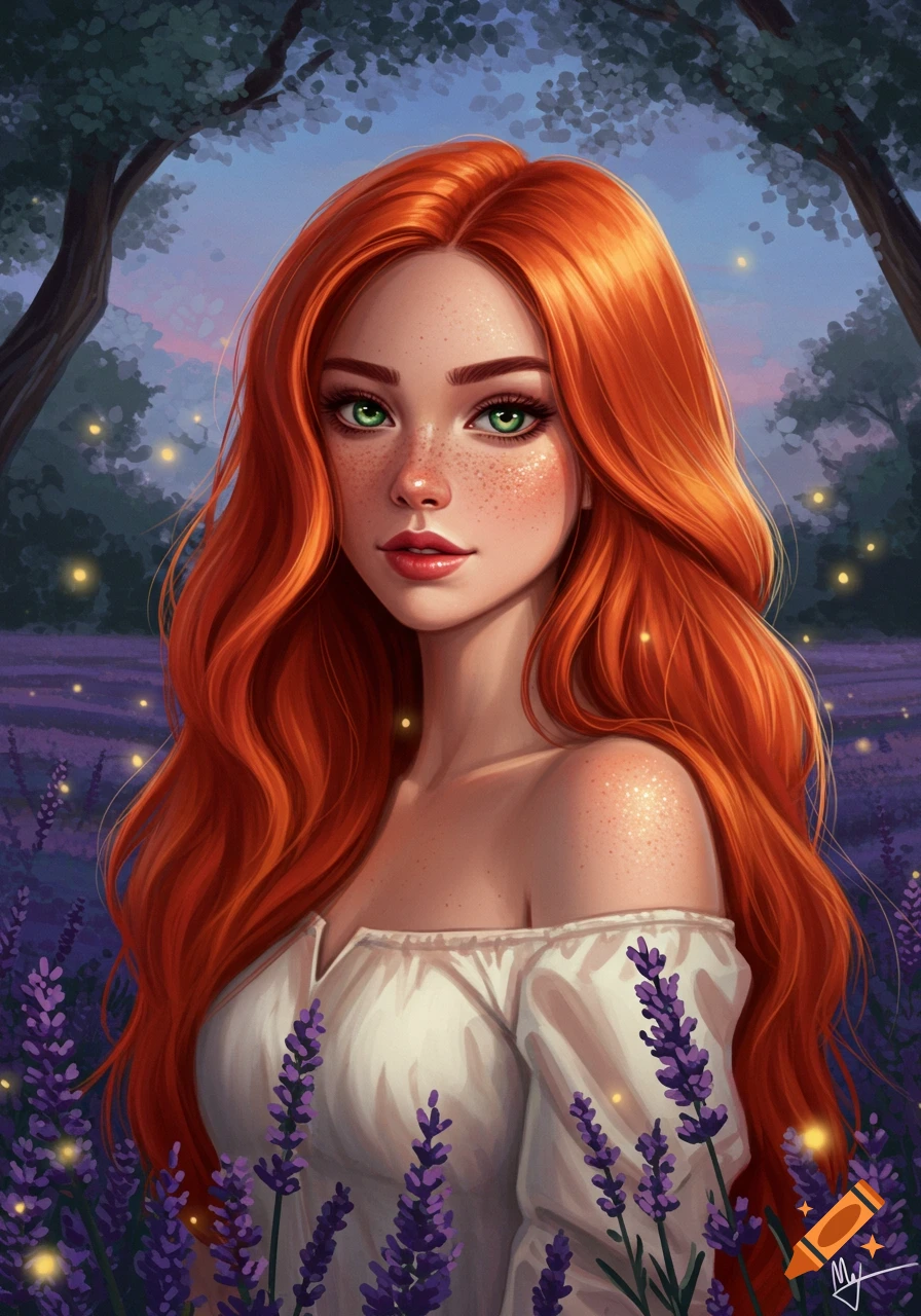 A digital painting of a red-haired woman with green eyes and freckles ...