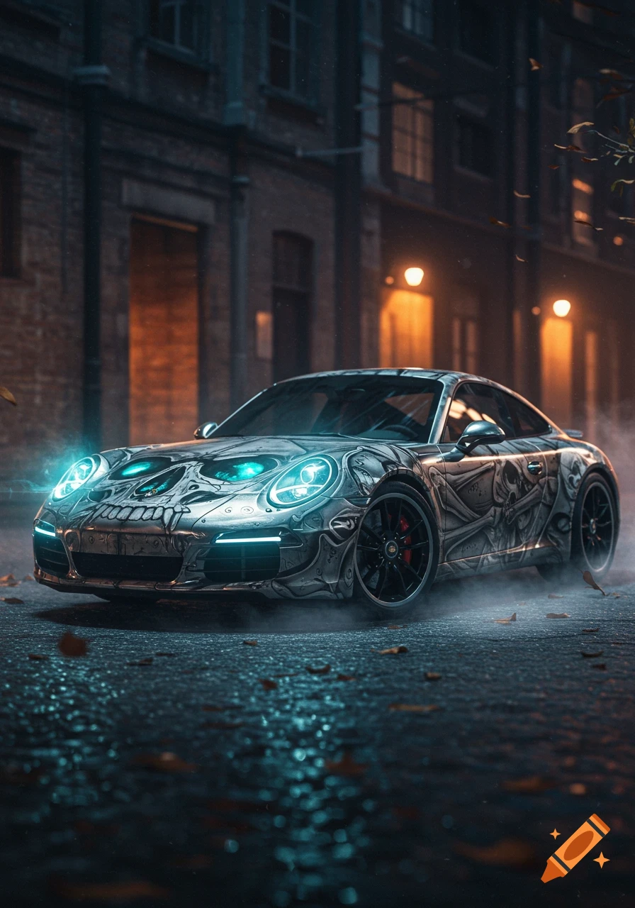A stylized silver Porsche 911 with a skull design on its front and sides, its headlights glowing bright blue, sits on a wet, dark street at night with steam rising around it and fallen leaves scattered on the ground. Buildings and warm streetlights are visible in the background.