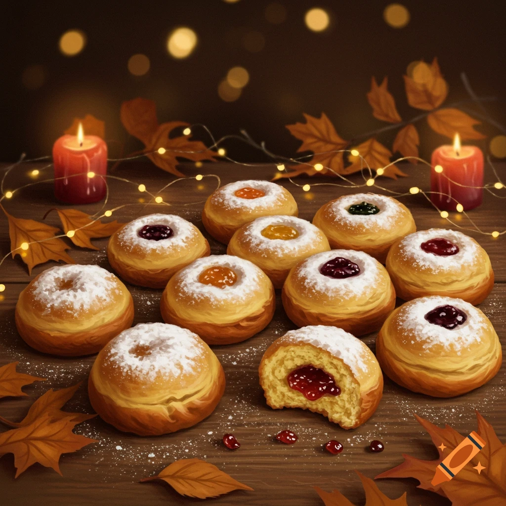 Powdered sugar-dusted jam-filled donuts on a wooden table with autumn leaves, string lights, and candles.