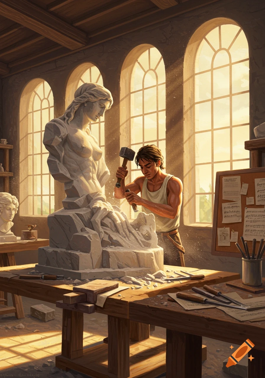 A male sculptor carves a large marble statue of a nude woman in a sunlit studio, surrounded by tools and stone chips.