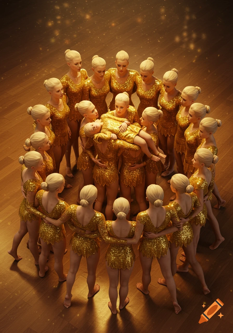 A group of blonde women in shimmering gold leotards form a circle, embracing a child-like figure held aloft in the center, with golden sparkles around.