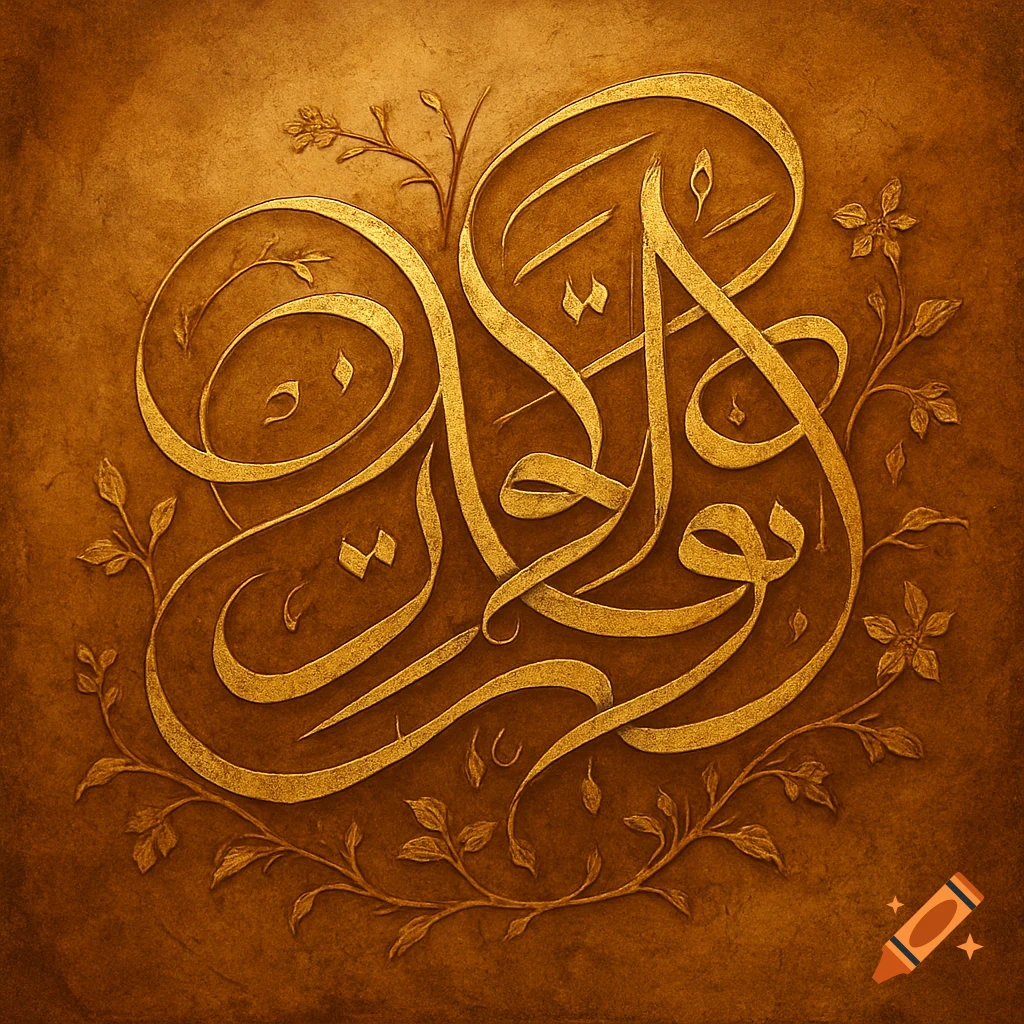 Ornate golden calligraphy embossed on a textured brown background, surrounded by delicate golden floral vines.