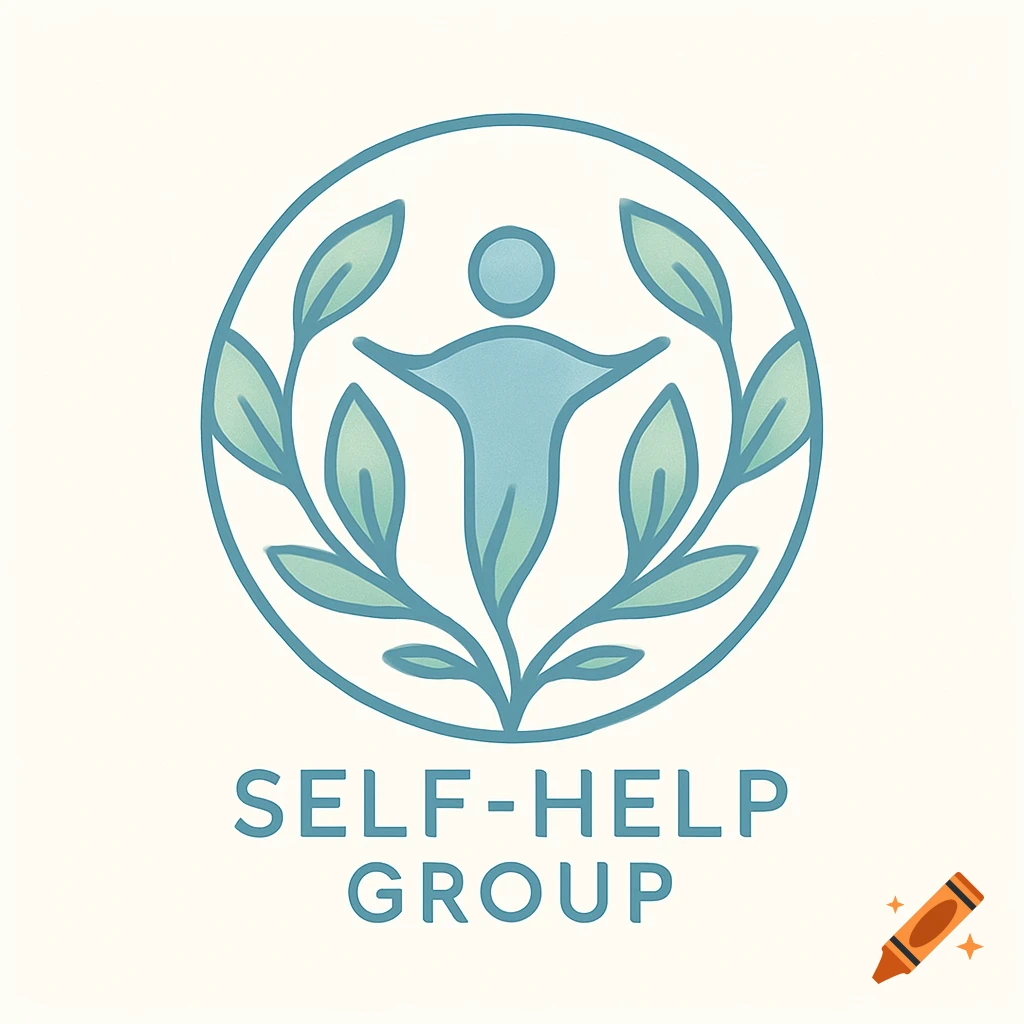 Stylized teal and green logo for 'SELF-HELP GROUP' featuring a human figure with outstretched arms surrounded by leaves in a circle.