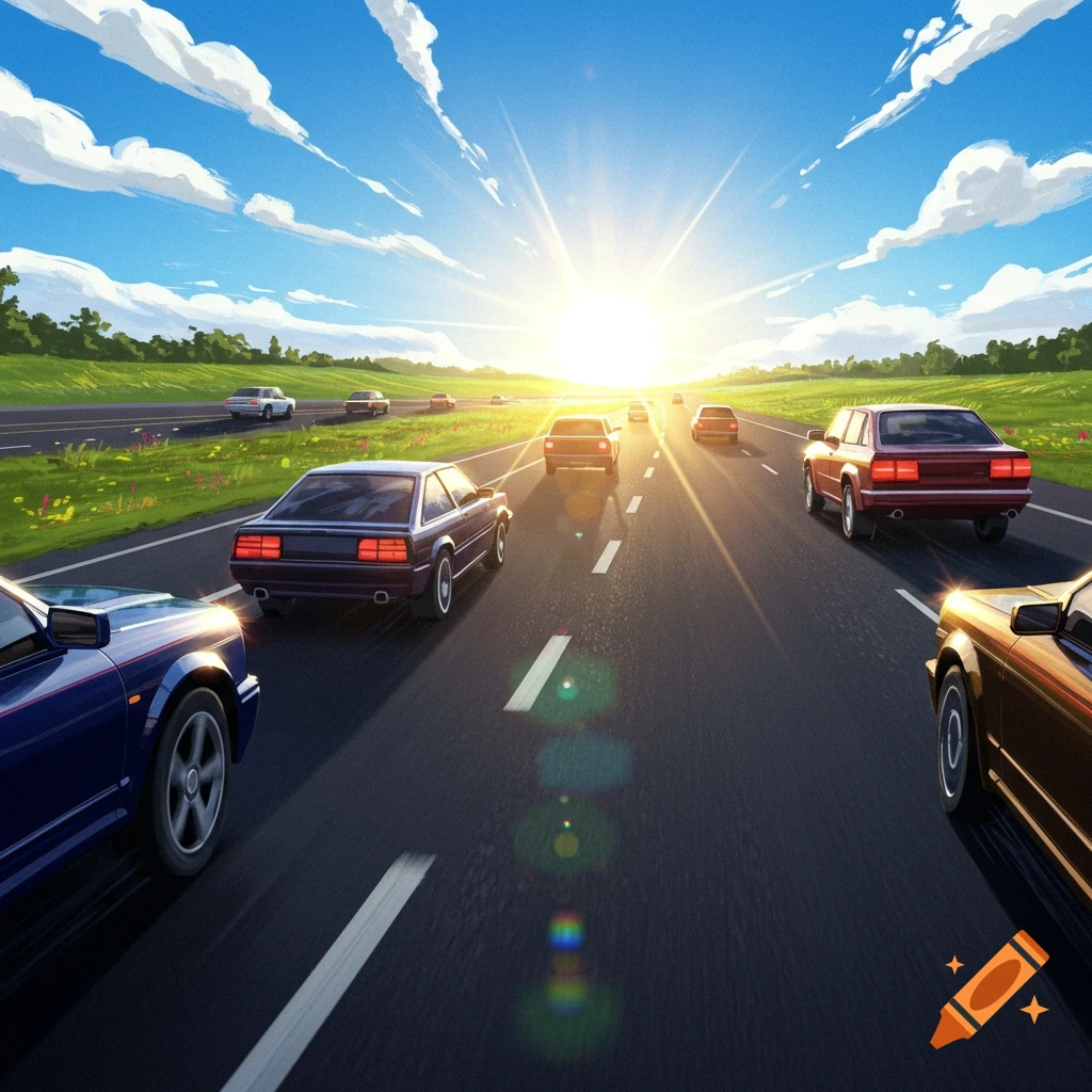 A cartoon-style image of cars on a multi-lane highway, driving towards a bright sun, flanked by green fields under a blue sky.