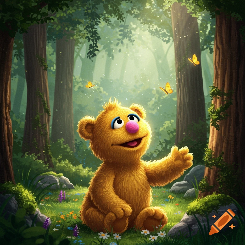 A happy, fuzzy orange-yellow bear with a pink nose sits in a lush green forest, looking up at yellow butterflies.
