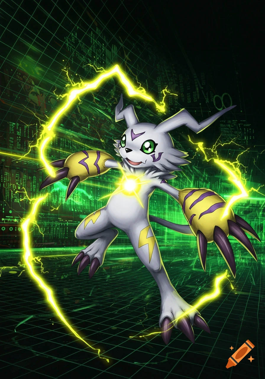 Pulsemon, a white Digimon with yellow lightning bolts, surrounded by electricity against a green digital grid background.